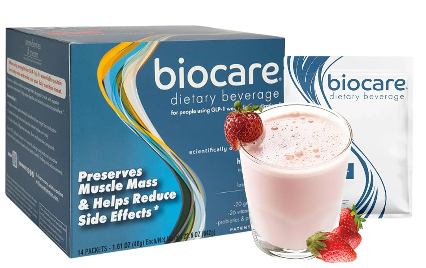 Nutritional Beverage for GLP-1 Users - High Protein Dietary Powder Drink with 26 Vitamins/Minerals, Supports Digestive Health - Strawberries & Cream Flavor (14 Count)