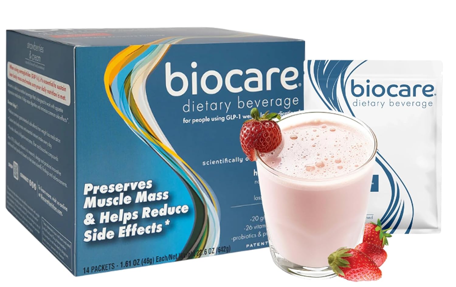 Nutritional Beverage for GLP-1 Users - High Protein Dietary Powder Drink with 26 Vitamins/Minerals, Supports Digestive Health - Strawberries & Cream Flavor (14 Count)