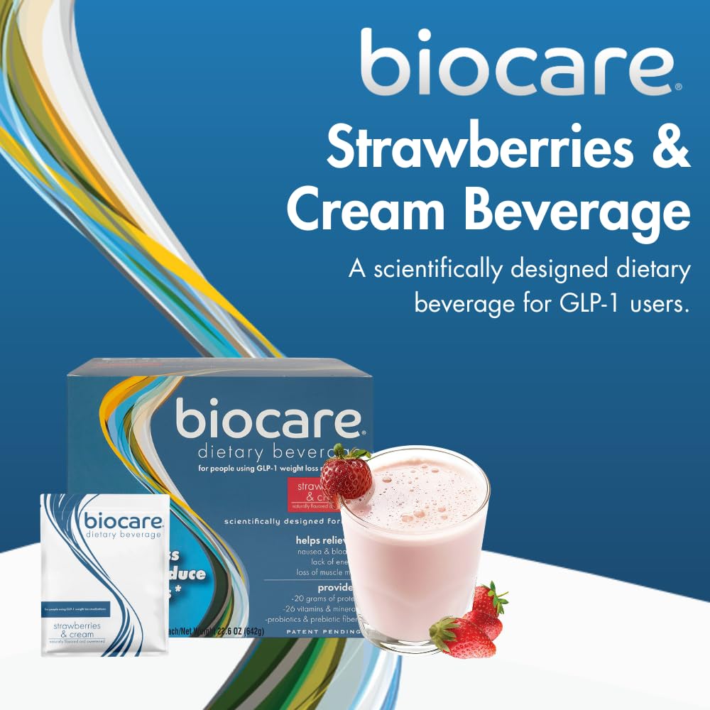 Nutritional Beverage for GLP-1 Users - High Protein Dietary Powder Drink with 26 Vitamins/Minerals, Supports Digestive Health - Strawberries & Cream Flavor (14 Count)