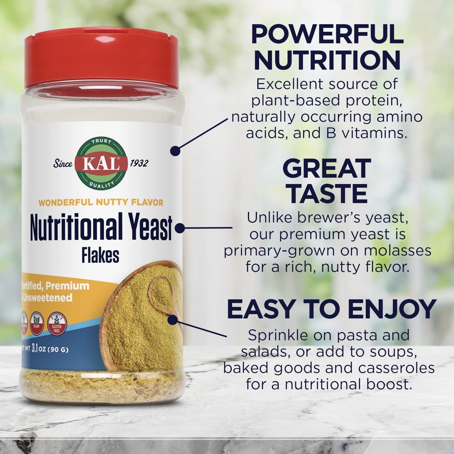 Nutritional Yeast Flakes with B12, Folic Acid & B Vitamins, Unsweetened, Vegan & Gluten Free, 3.1oz - Made in USA, 20 Servings