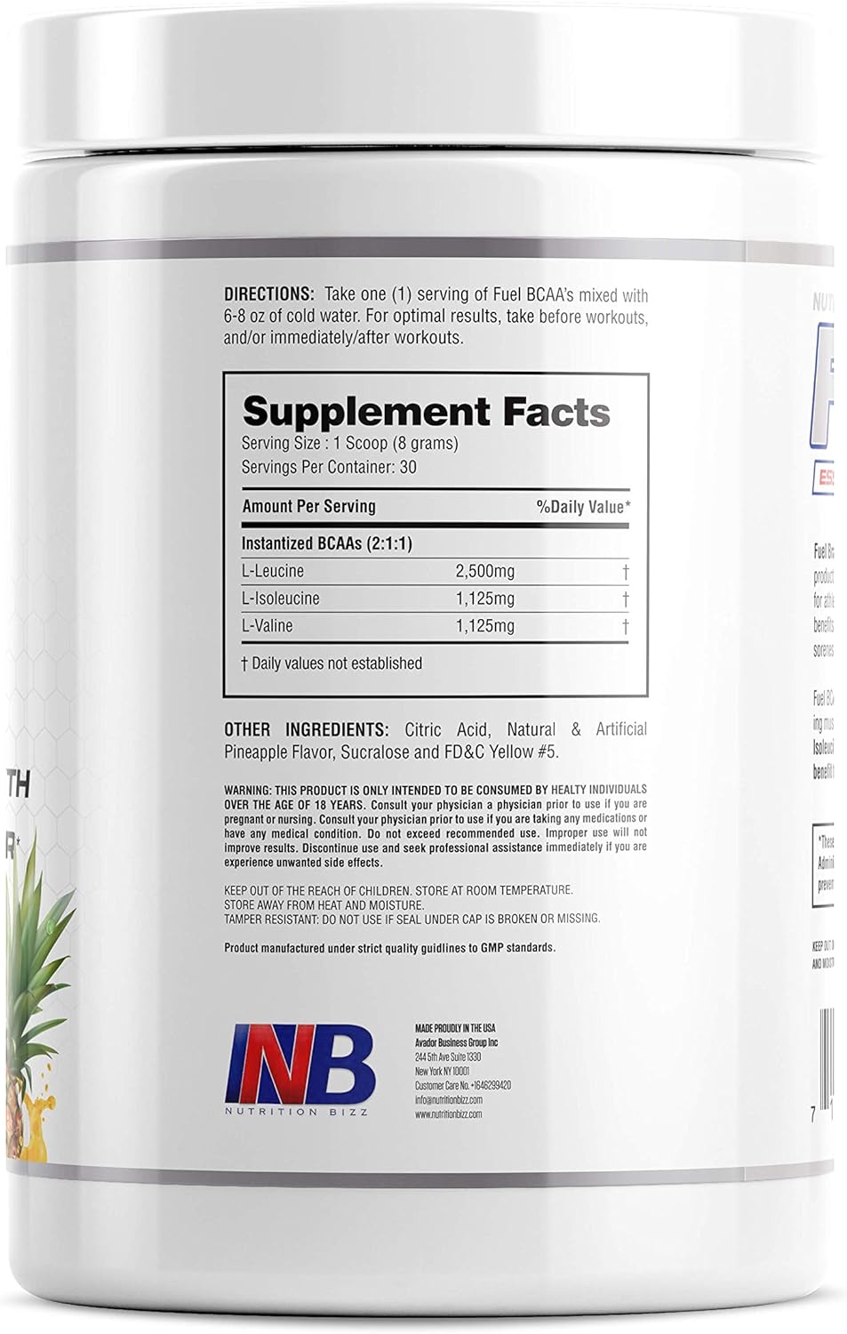 NutritionBizz Fuel BCAA Powder - 5g Amino Acids, Post-Workout Recovery Drink, Muscle Building & Endurance - 30 Servings, Pineapple Flavor - BoostGo Australia