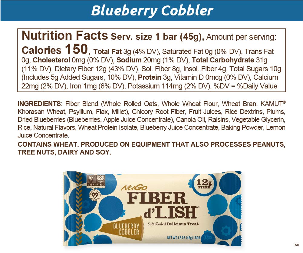 Nutritious NuGo Fiber d'Lish Blueberry Cobbler Bars - 12g Fiber, Vegan, Low Calorie Snack - Pack of 16, 1.6 oz Bars