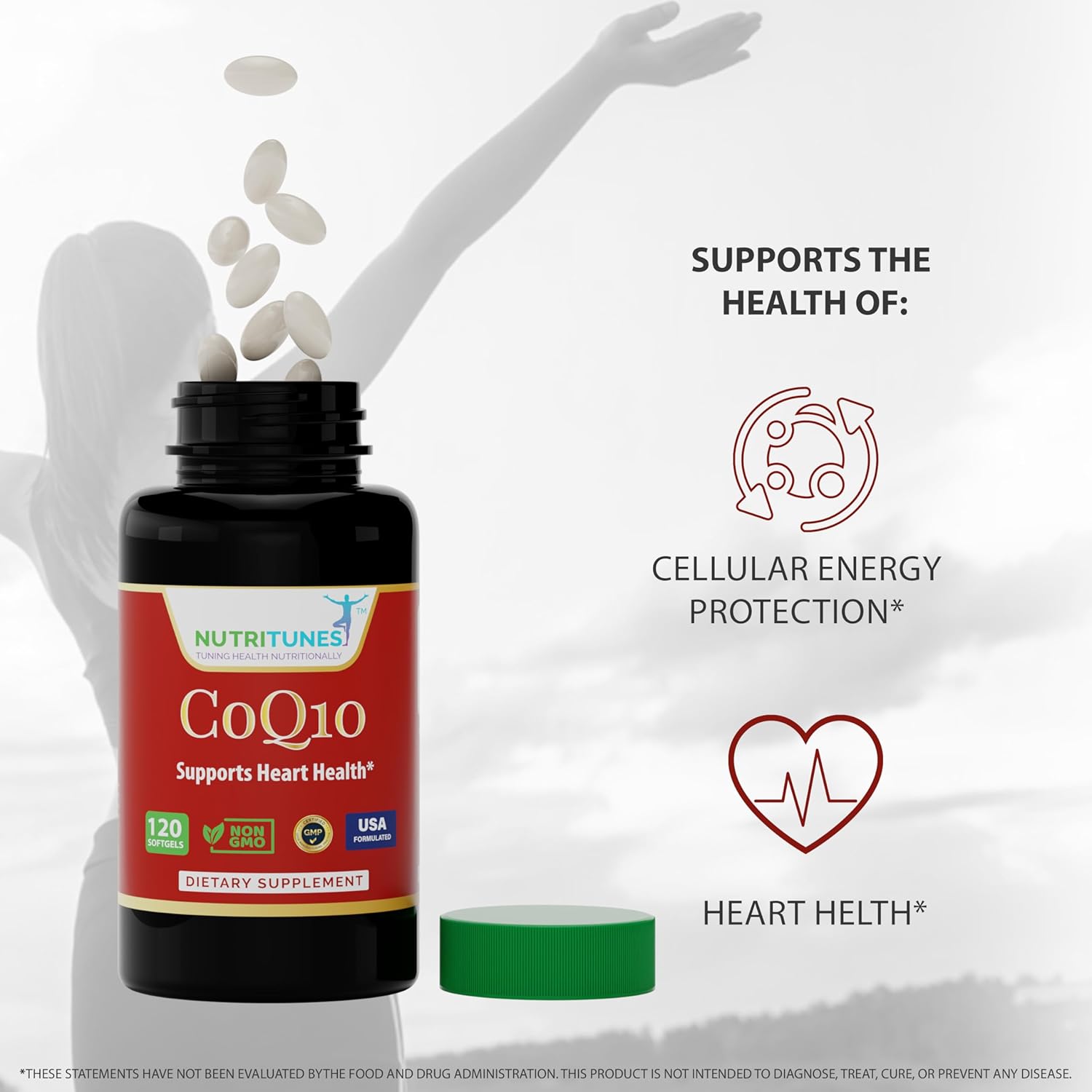 Nutritunes CoQ10 100mg Softgels - High Absorption Antioxidant Supplement for Heart Health and Energy - 120 Softgels, Non-GMO, Gluten-Free