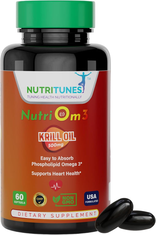 Nutritunes NutriOm3-500mg Antarctic Krill Oil Omega 3 Supplement - Cardiovascular Health Support - High Absorption Heart Health - EPA, DHA - Non-GMO, GMP Certified - 60 Softgels