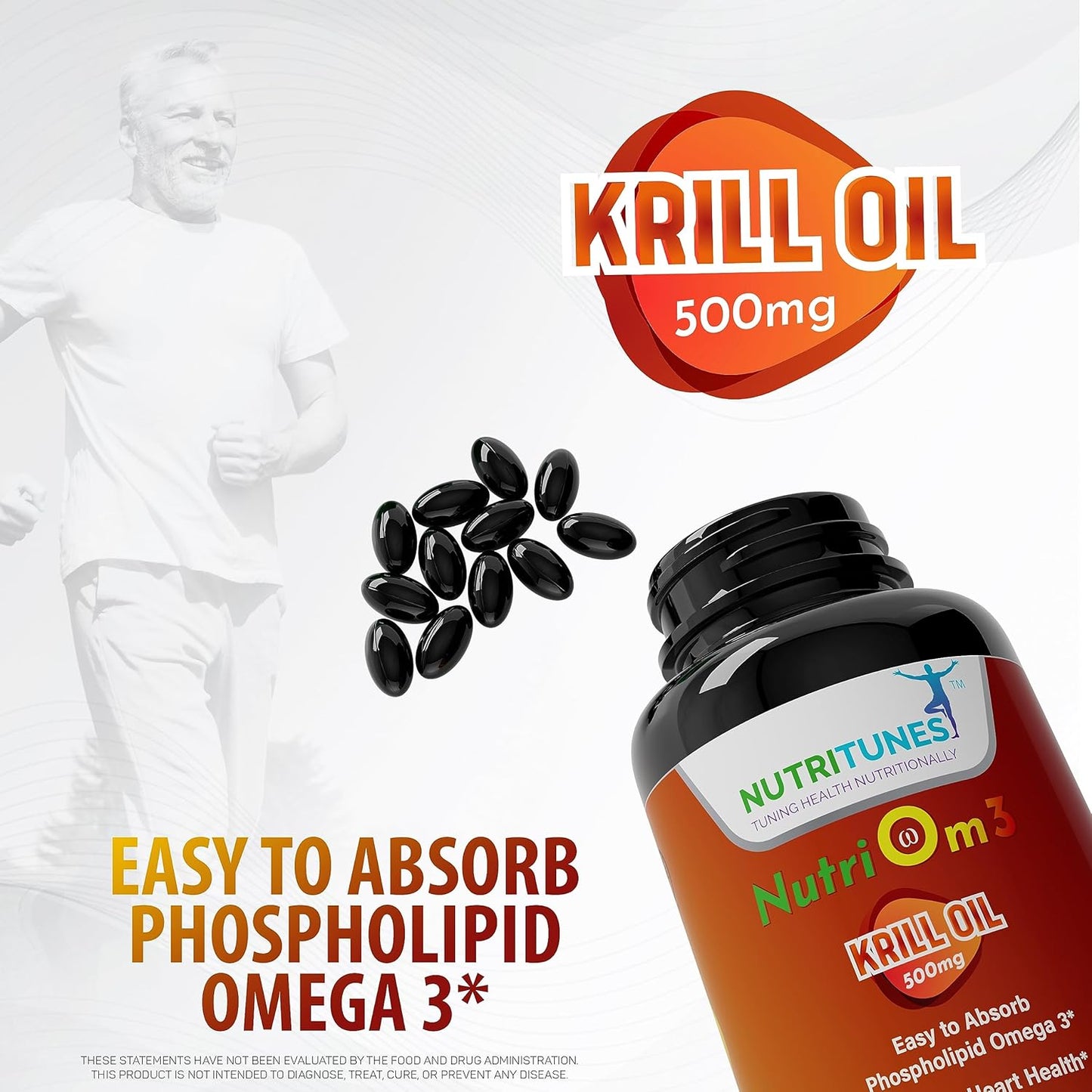 Nutritunes NutriOm3-500mg Antarctic Krill Oil Omega 3 Supplement - Cardiovascular Health Support - High Absorption Heart Health - EPA, DHA - Non-GMO, GMP Certified - 60 Softgels