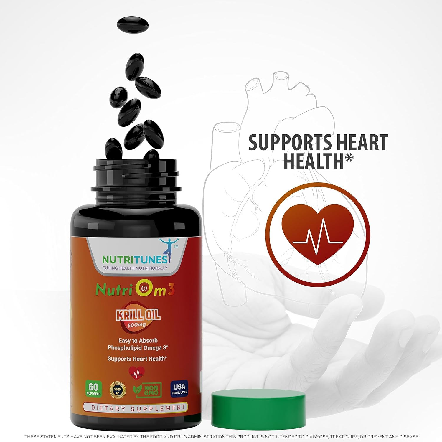 Nutritunes NutriOm3-500mg Antarctic Krill Oil Omega 3 Supplement - Cardiovascular Health Support - High Absorption Heart Health - EPA, DHA - Non-GMO, GMP Certified - 60 Softgels