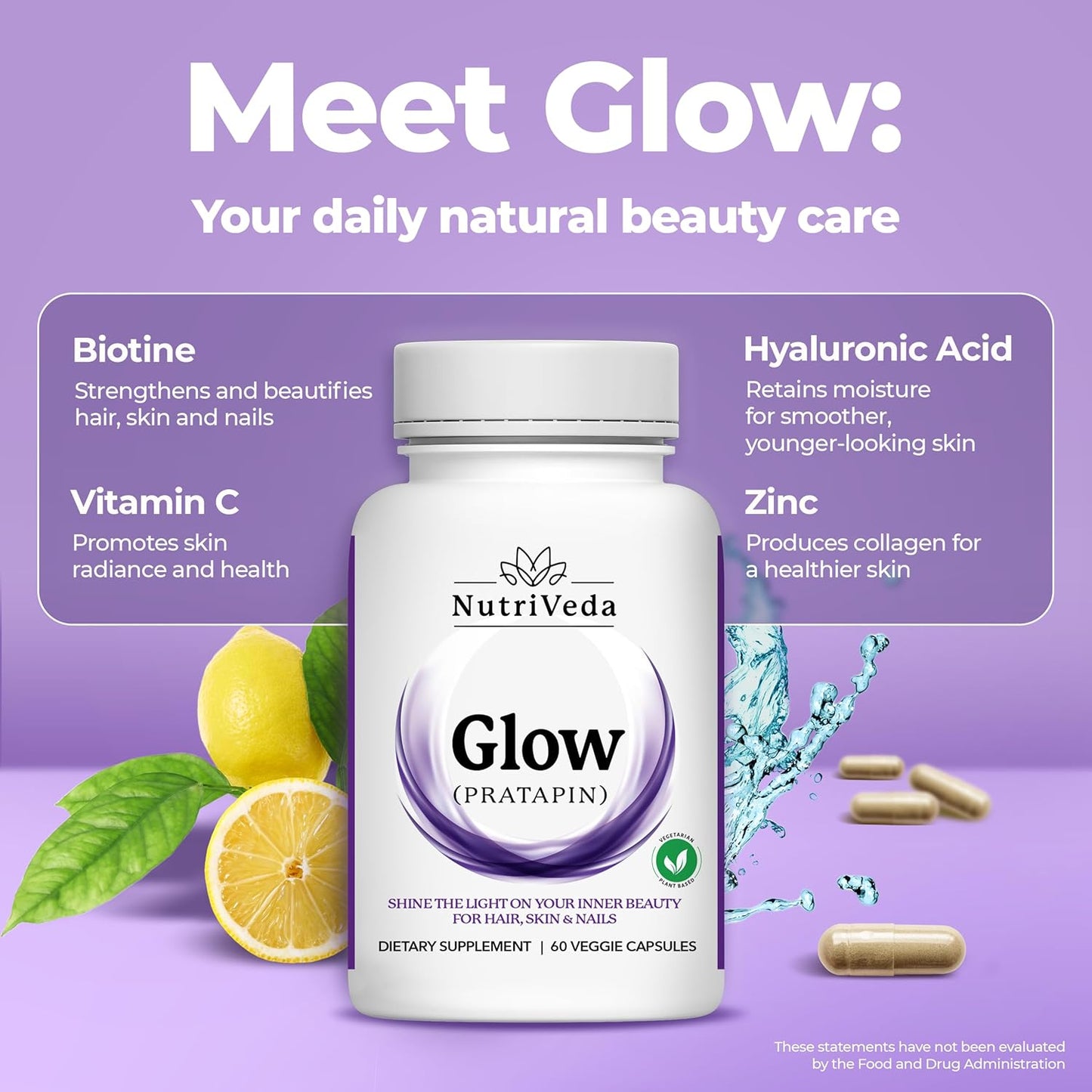 Nutriveda Glow Capsules: Premium Hair, Skin, and Nail Vitamins for Enhanced Beauty & Wellness Support (60 Capsules)