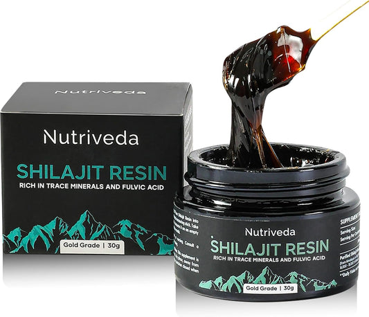 Nutriveda Premium Shilajit Resin 600mg - Gold Grade Himalayan Shilajit - High in Trace Minerals and Fulvic Acid for Energy and Immune Boost - Third-Party Tested - 30g (Improved Taste, Less Bitterness)