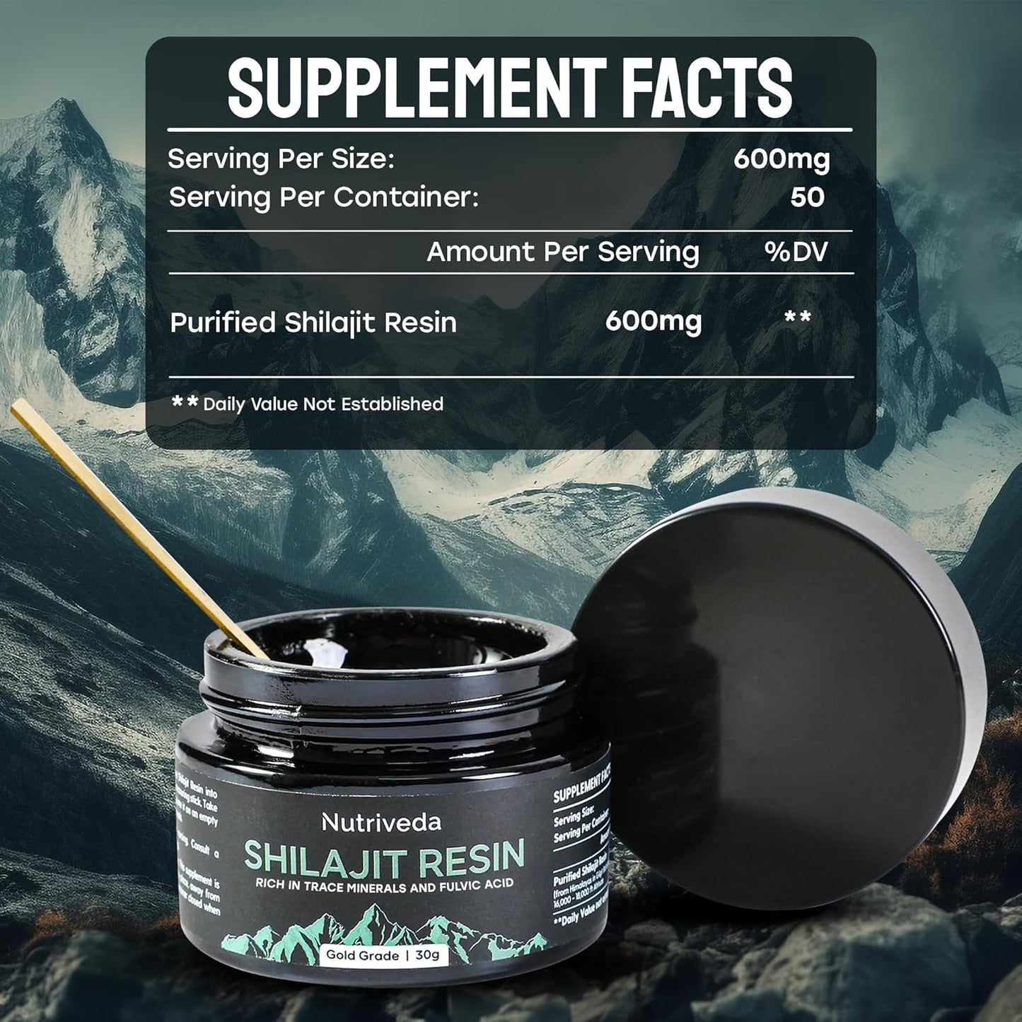 Nutriveda Premium Shilajit Resin 600mg - Gold Grade Himalayan Shilajit - High in Trace Minerals and Fulvic Acid for Energy and Immune Boost - Third-Party Tested - 30g (Improved Taste, Less Bitterness)