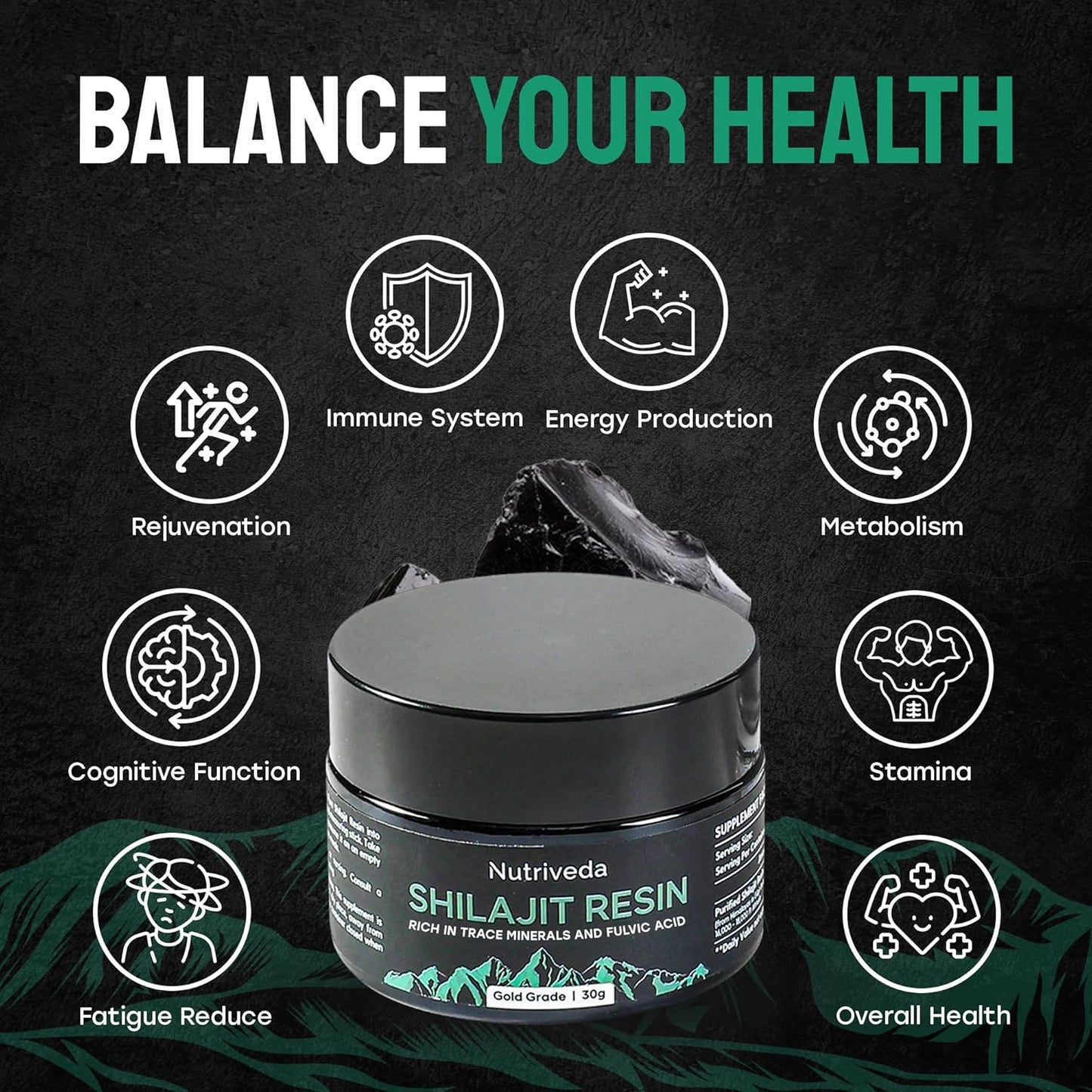 Nutriveda Premium Shilajit Resin 600mg - Gold Grade Himalayan Shilajit - High in Trace Minerals and Fulvic Acid for Energy and Immune Boost - Third-Party Tested - 30g (Improved Taste, Less Bitterness)