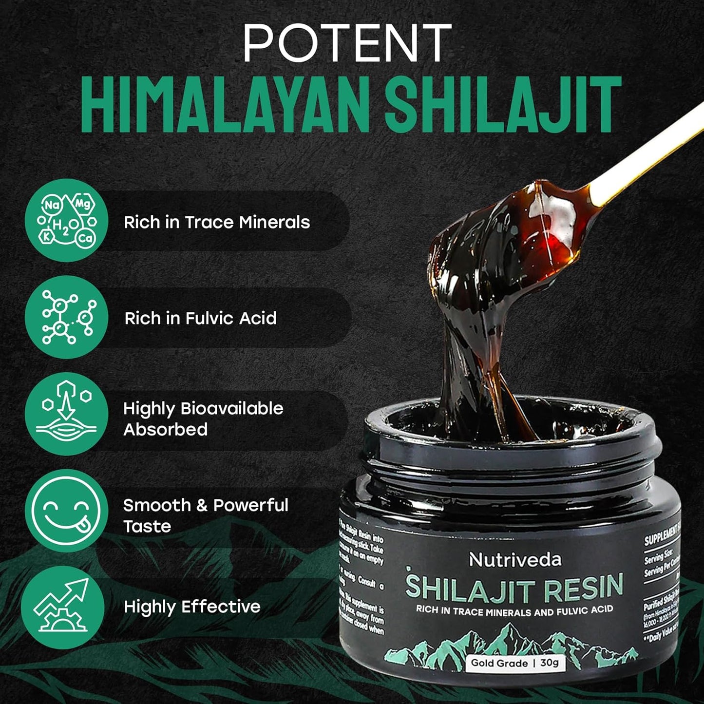 Nutriveda Premium Shilajit Resin 600mg - Gold Grade Himalayan Shilajit - High in Trace Minerals and Fulvic Acid for Energy and Immune Boost - Third-Party Tested - 30g (Improved Taste, Less Bitterness)