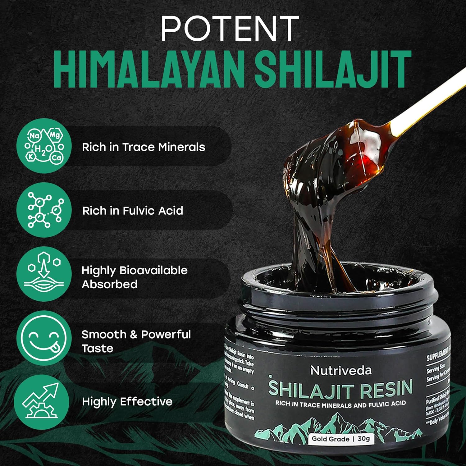 Nutriveda Premium Shilajit Resin 600mg - Gold Grade Himalayan Shilajit - High in Trace Minerals and Fulvic Acid for Energy and Immune Boost - Third-Party Tested - 30g (Improved Taste, Less Bitterness)