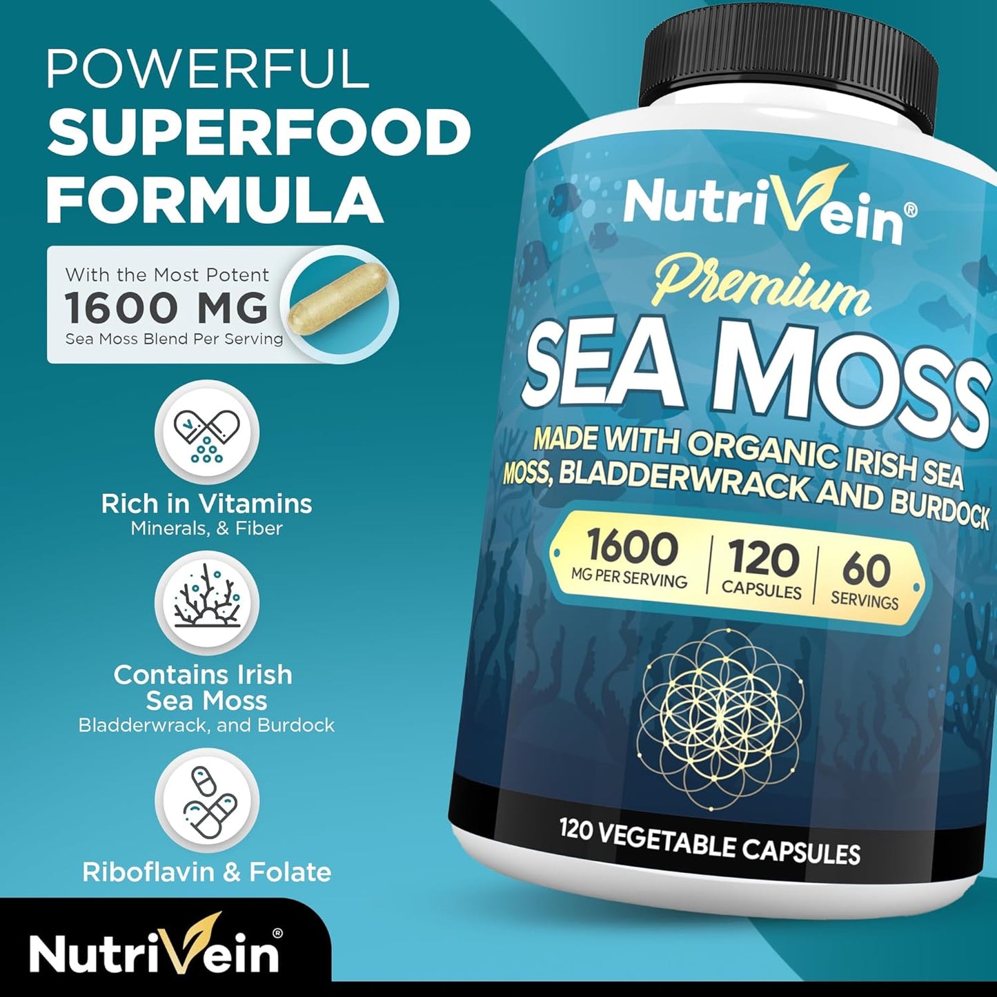 Nutrivein Irish Sea Moss and Tart Cherry Capsules Bundle: Digestive Support and Daily Wellness Supplement Set