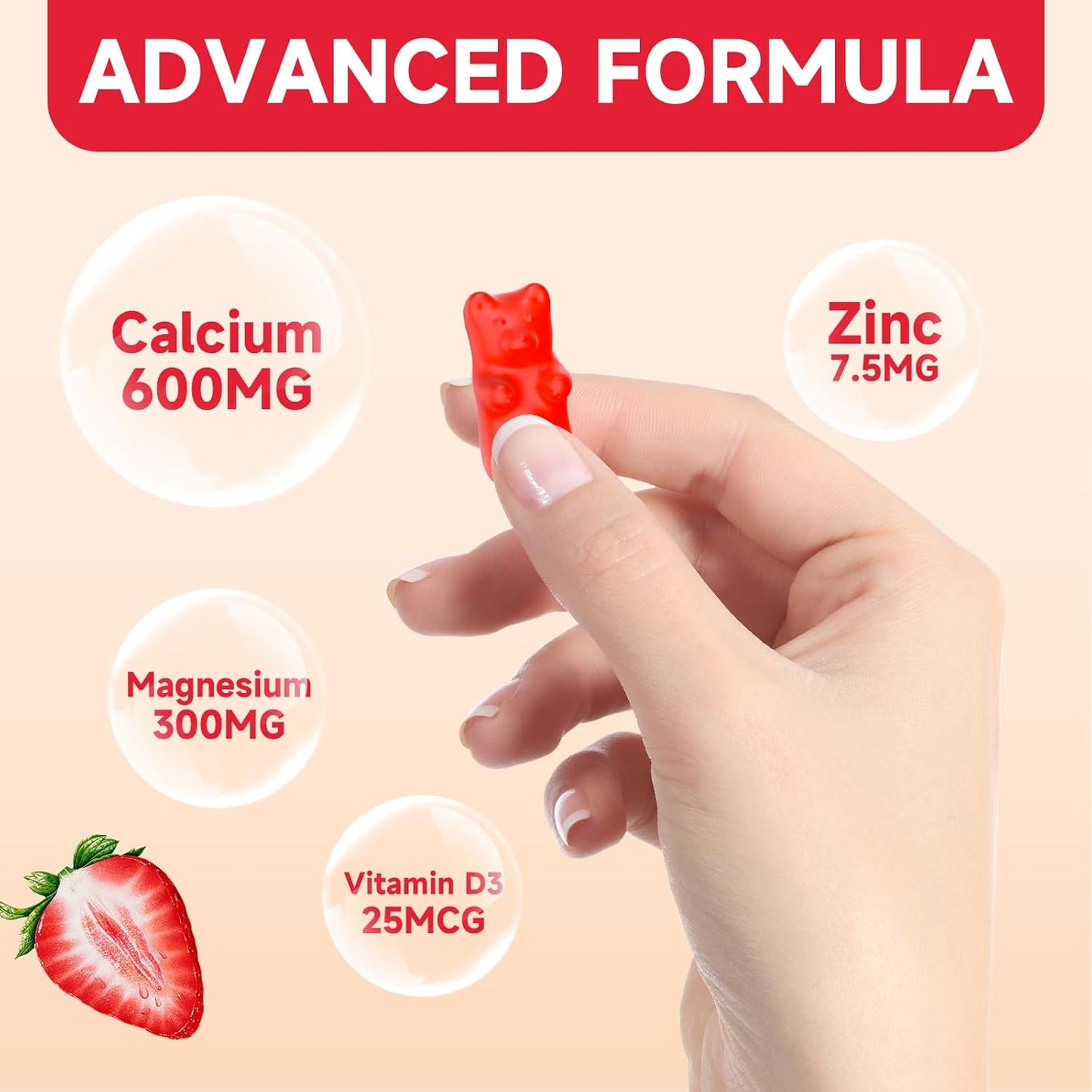 NutriVigor Calcium Magnesium Zinc Gummies with High Absorption Magnesium - 300mg, Bone & Muscle Support, 60 Strawberry Flavored Gummies for Kids & Adults