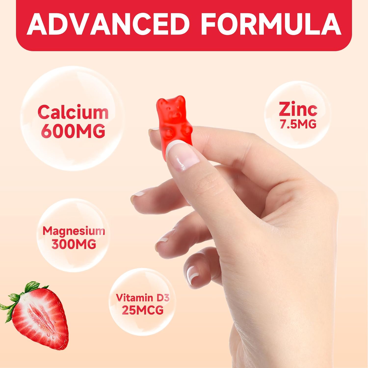 NutriVigor Calcium Magnesium Zinc Gummies with High Absorption Magnesium - 300mg, Bone & Muscle Support, 60 Strawberry Flavored Gummies for Kids & Adults