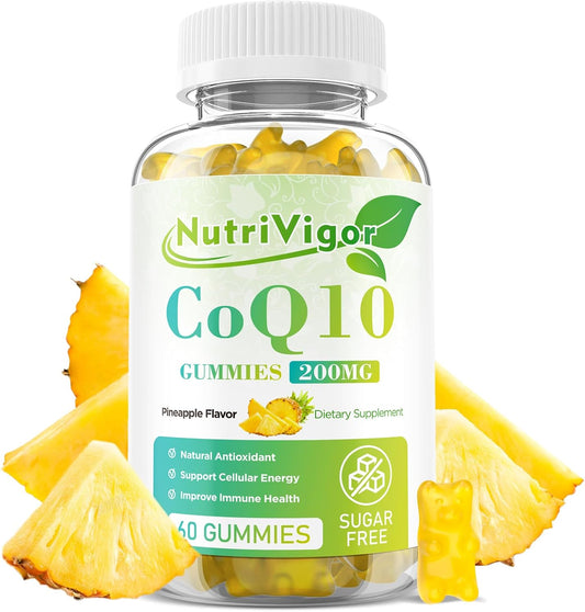 NutriVigor CoQ10 Gummies - 200mg High Absorption Supplement for Energy & Immune Health - Vegan, Gluten Free, Pineapple Flavor - 60 Count