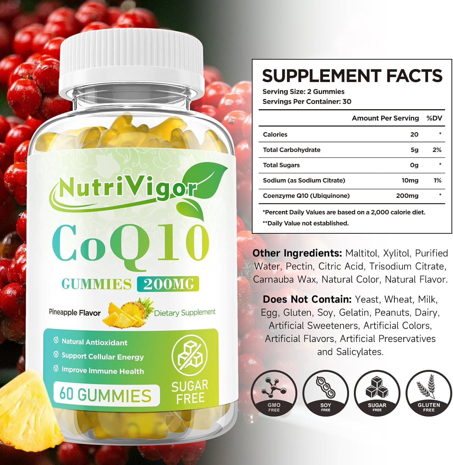 NutriVigor CoQ10 Gummies - 200mg High Absorption Supplement for Energy & Immune Health - Vegan, Gluten Free, Pineapple Flavor - 60 Count