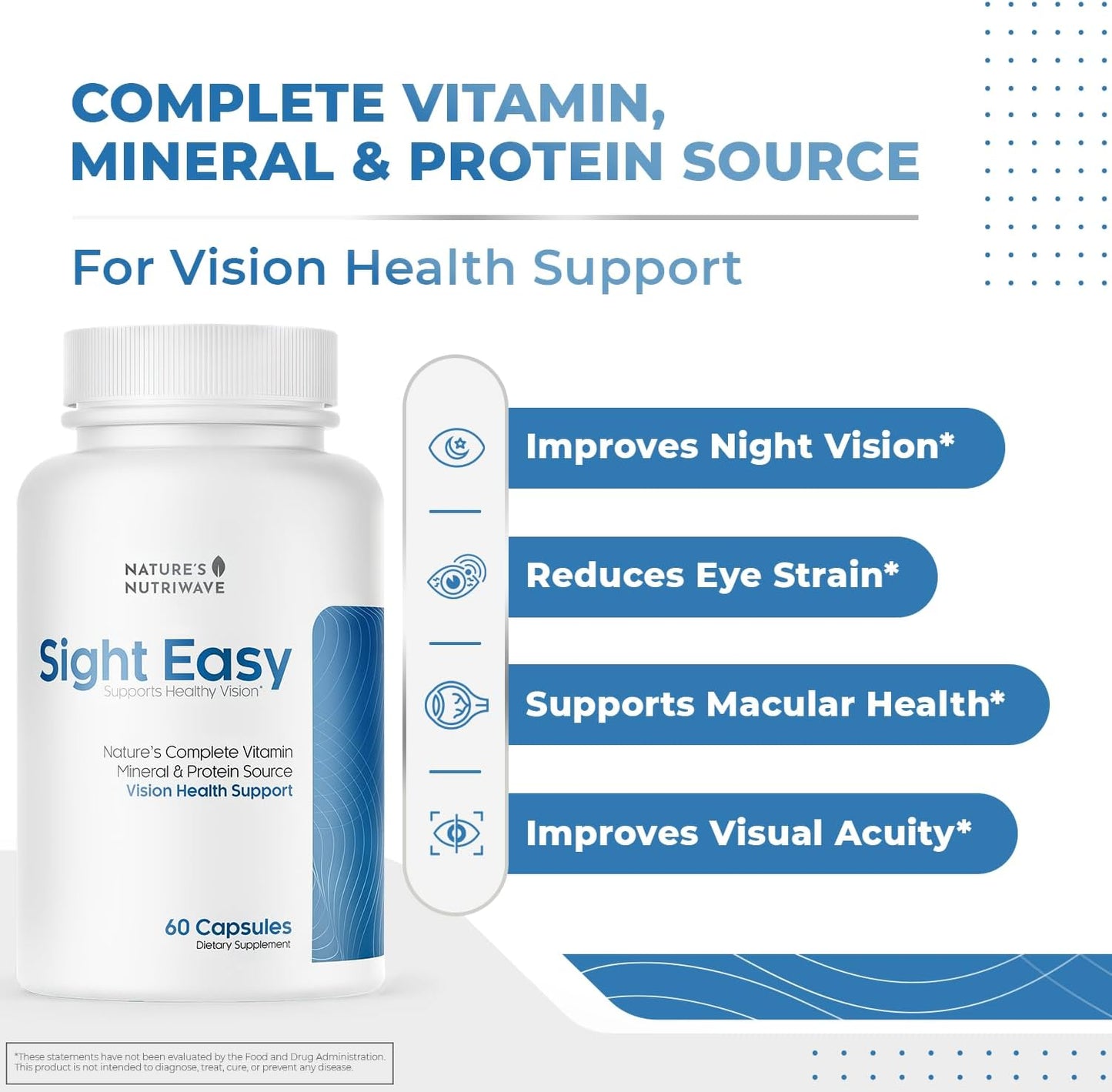 NutriWave SIGHT EASY - Eye Vitamins with Lutein, Zeaxanthin, Bilberry, Vitamin C, E, Zinc - 60 Capsules