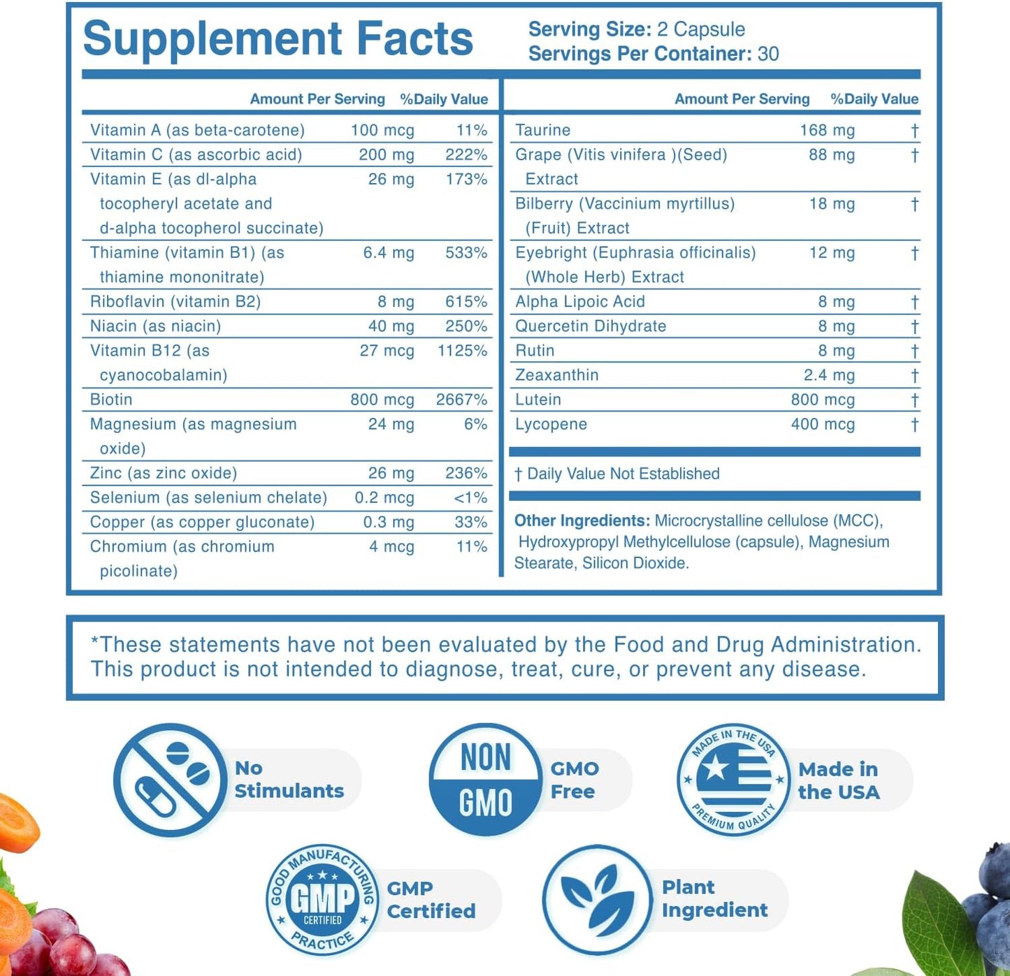 NutriWave SIGHT EASY - Eye Vitamins with Lutein, Zeaxanthin, Bilberry, Vitamin C, E, Zinc - 60 Capsules