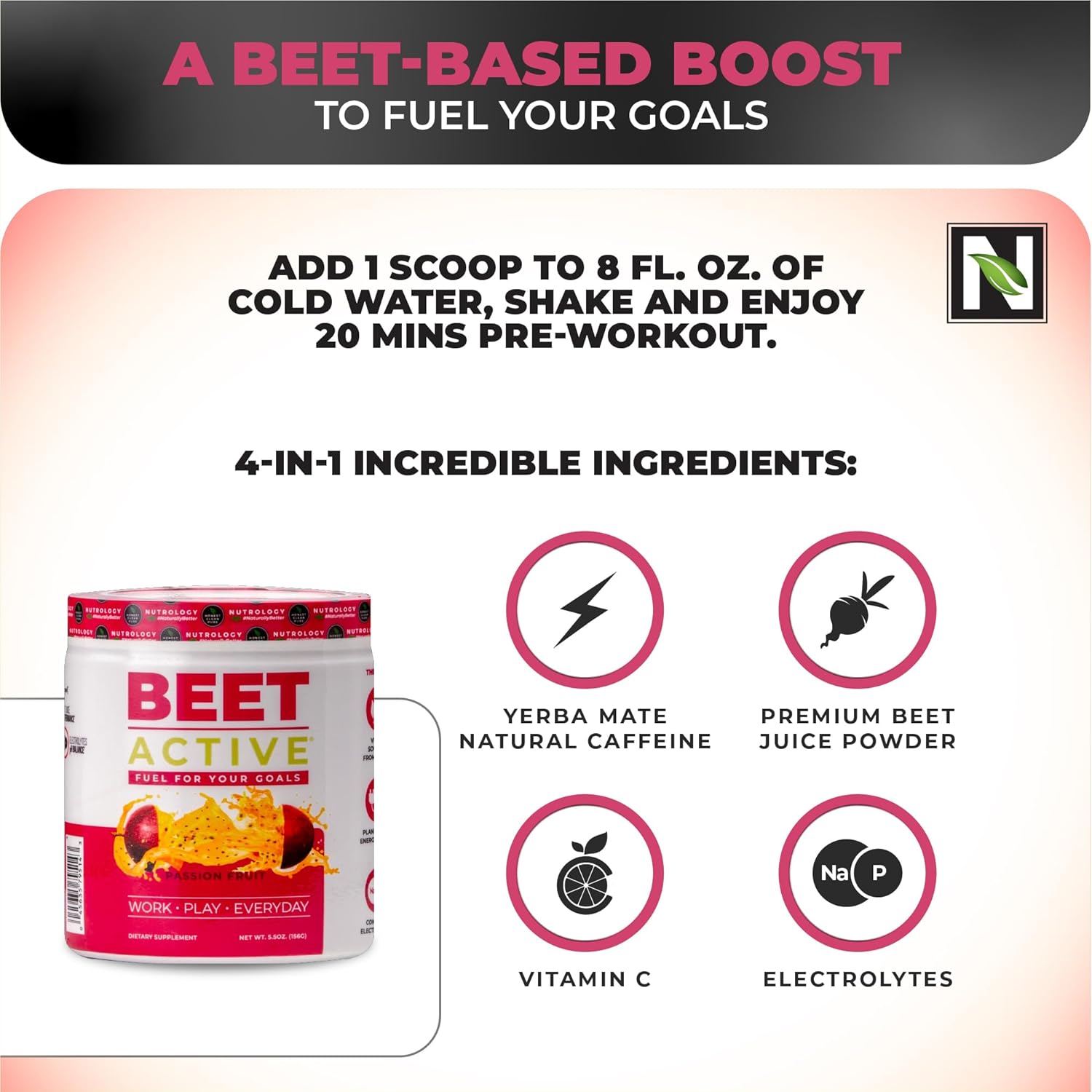 Nutrology Beet Active Pre-Workout Powder - Boosts Energy, Endurance & Nitric Oxide - Vegan Passion Fruit Flavor - 30 Servings - BoostGo Australia