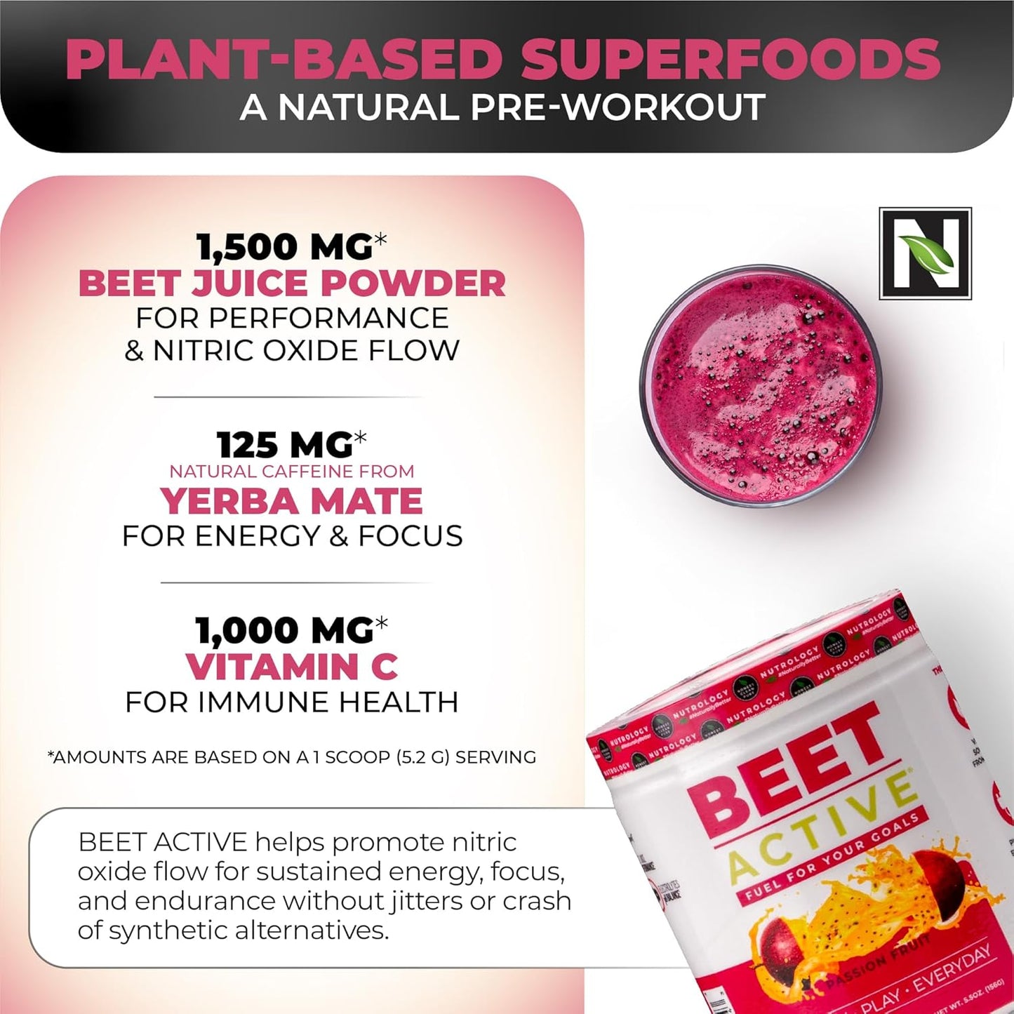 Nutrology Beet Active Pre-Workout Powder - Boosts Energy, Endurance & Nitric Oxide - Vegan Passion Fruit Flavor - 30 Servings - BoostGo Australia