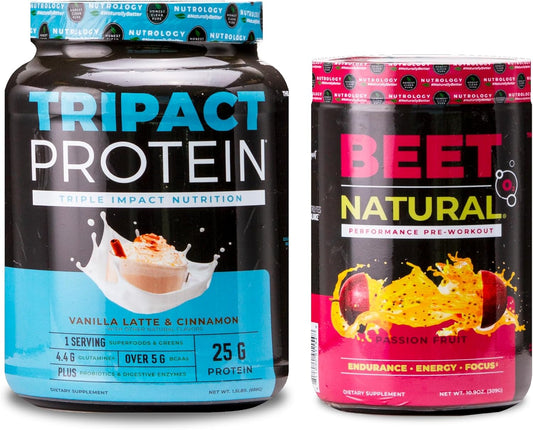 Nutrology Beet Natural O2 Pre Workout Powder Passion Fruit Flavor TRIPACT Protein Powder Vanilla Latte Cinnamon Shake 50 Servings - BoostGo Australia