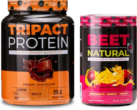 Nutrology Beet Natural O2 Pre-Workout Powder, Passion Fruit Flavor, 30 Servings + TRIPACT Protein Powder, 7-in-1 Meal Replacement Shake, Creamy Chocolate Flavor, 20 Servings - BoostGo Australia
