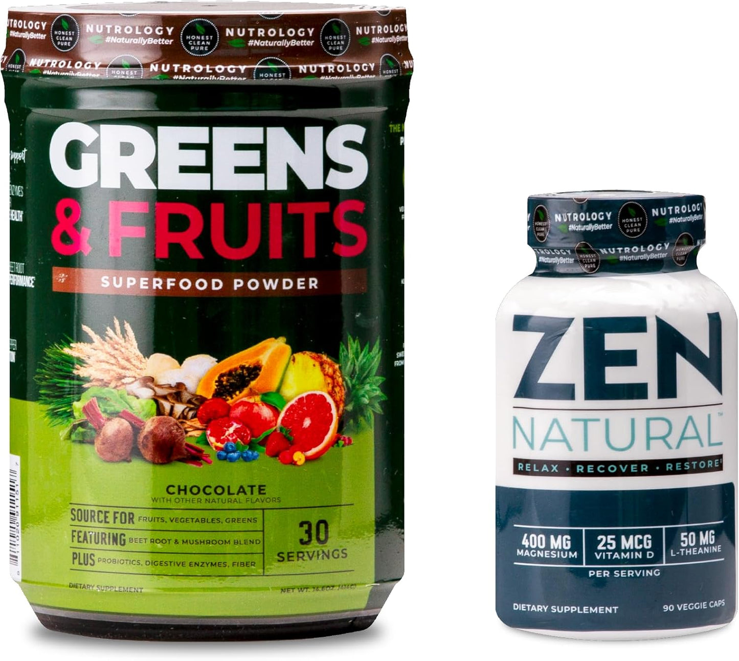 Nutrology Chocolate Greens & Fruits Powder - Superfood with Naturally Sourced Ingredients, Zen Natural Magnesium Supplement - 30 Servings