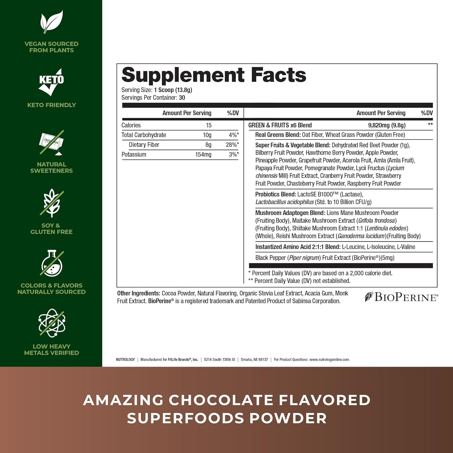 Nutrology Chocolate Greens & Fruits Powder - Superfood with Naturally Sourced Ingredients, Zen Natural Magnesium Supplement - 30 Servings