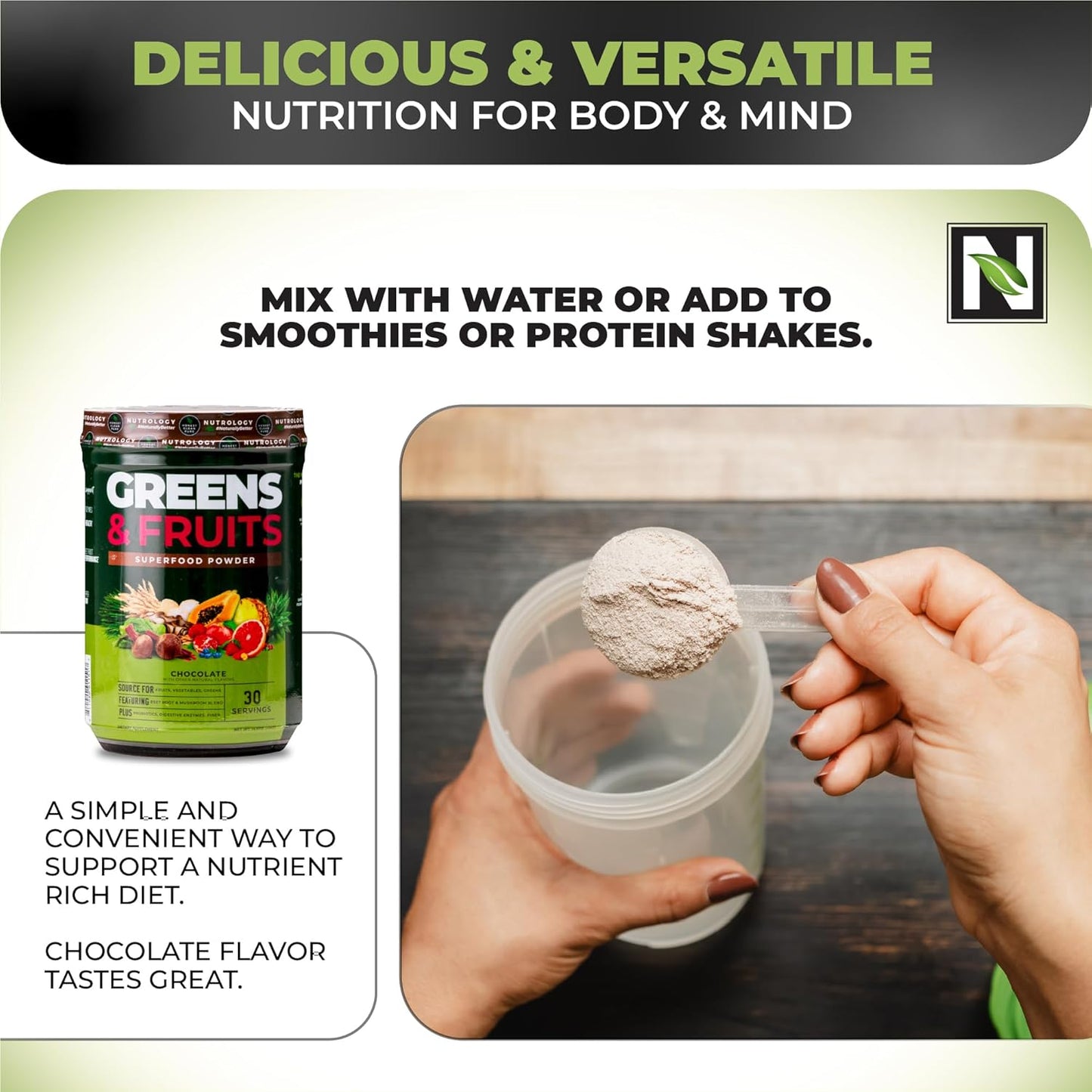 Nutrology Chocolate Greens & Fruits Powder with Probiotics, Digestive Enzymes, and Antioxidants - Gluten Free Formula - BoostGo Australia