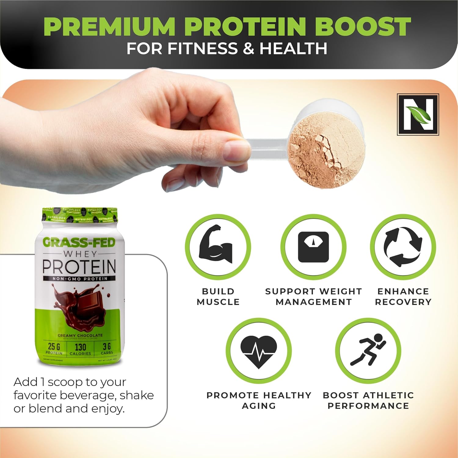 Nutrology Grass Fed Whey Protein Powder in Creamy Chocolate Flavor for Lean Muscle Recovery & Performance - Cold Processed with Amino Acids, 28 Servings