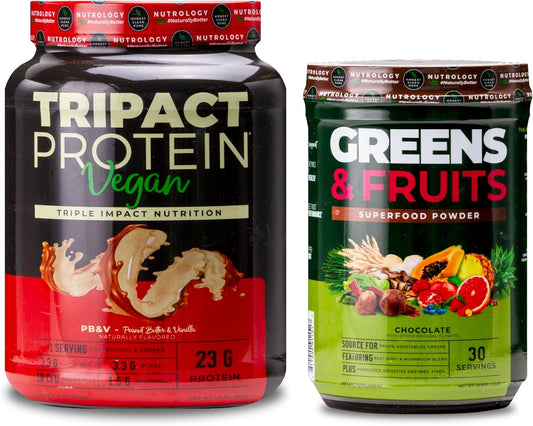 Nutrology Greens & Fruits Powder - Chocolate Superfood with Naturally Sourced Ingredients (30 Servings) + TRIPACT Vegan Protein Powder - Peanut Butter Vanilla Flavor for Vegan Protein Shakes (20 Servings)