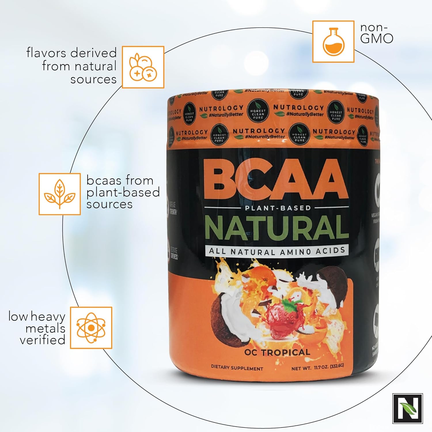 Nutrology Greens & Fruits Powder - Chocolate Superfood Blend (30 Servings) + BCAA Natural Plant Based Powder - Orange Coconut Flavor (30 Servings)