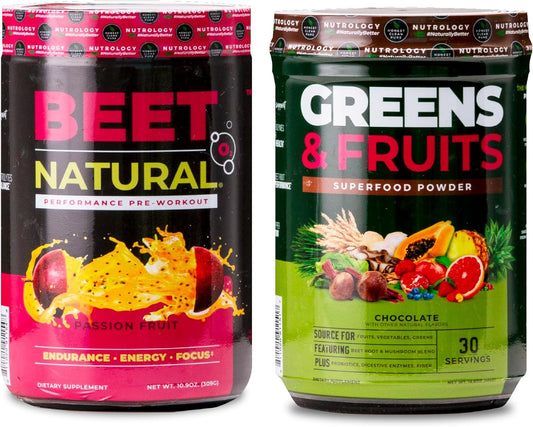 Nutrology Greens & Fruits Powder in Chocolate and Beet Natural O2 Passion Fruit Flavor - 30 Servings