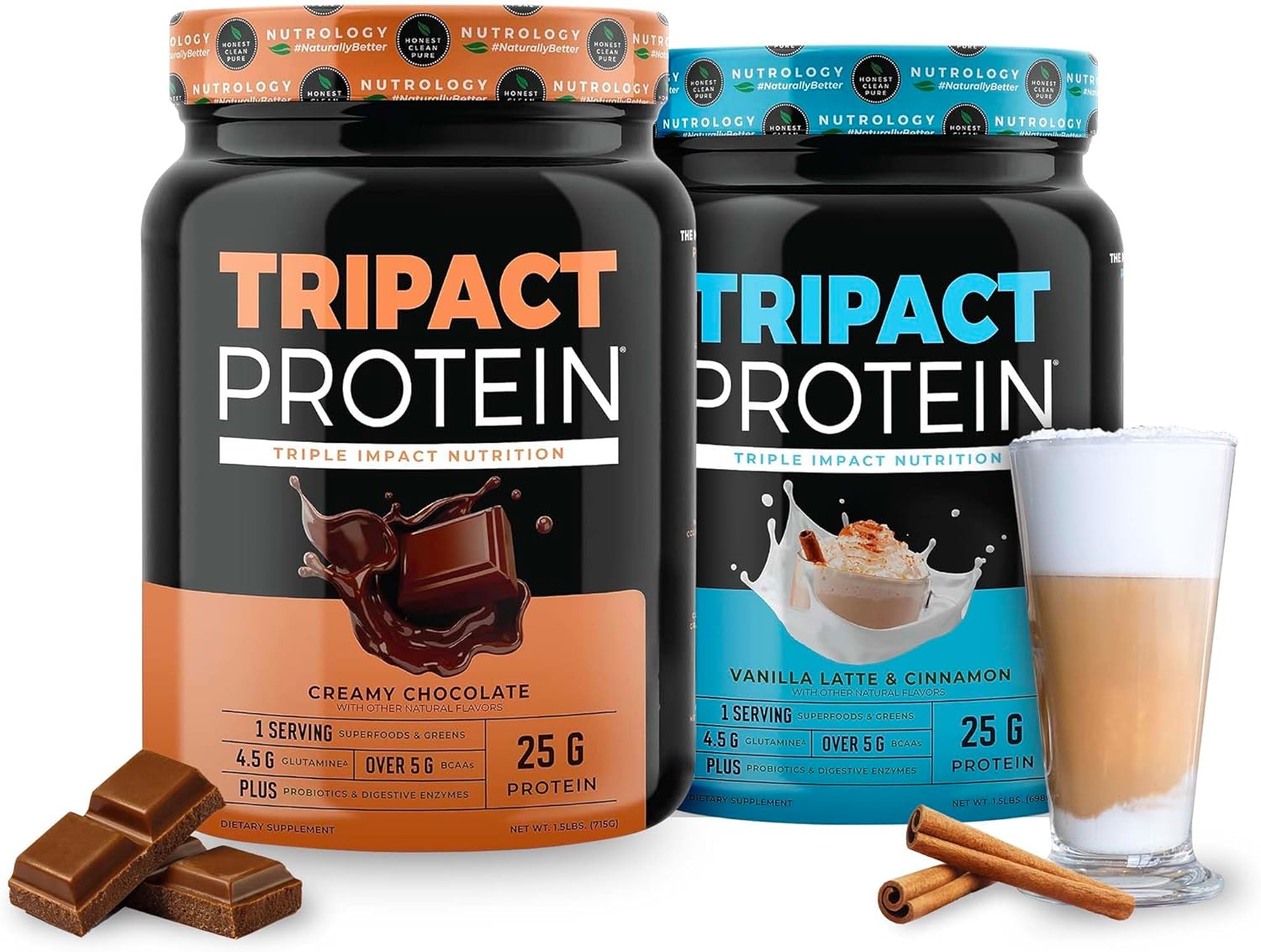 Nutrology TRIPACT Protein Shake - Premium Non-GMO Grass Fed Whey Protein with Plant Proteins, Greens, Superfoods & Probiotics - Creamy Chocolate Vanilla Latte Flavor - 1.5lb Each