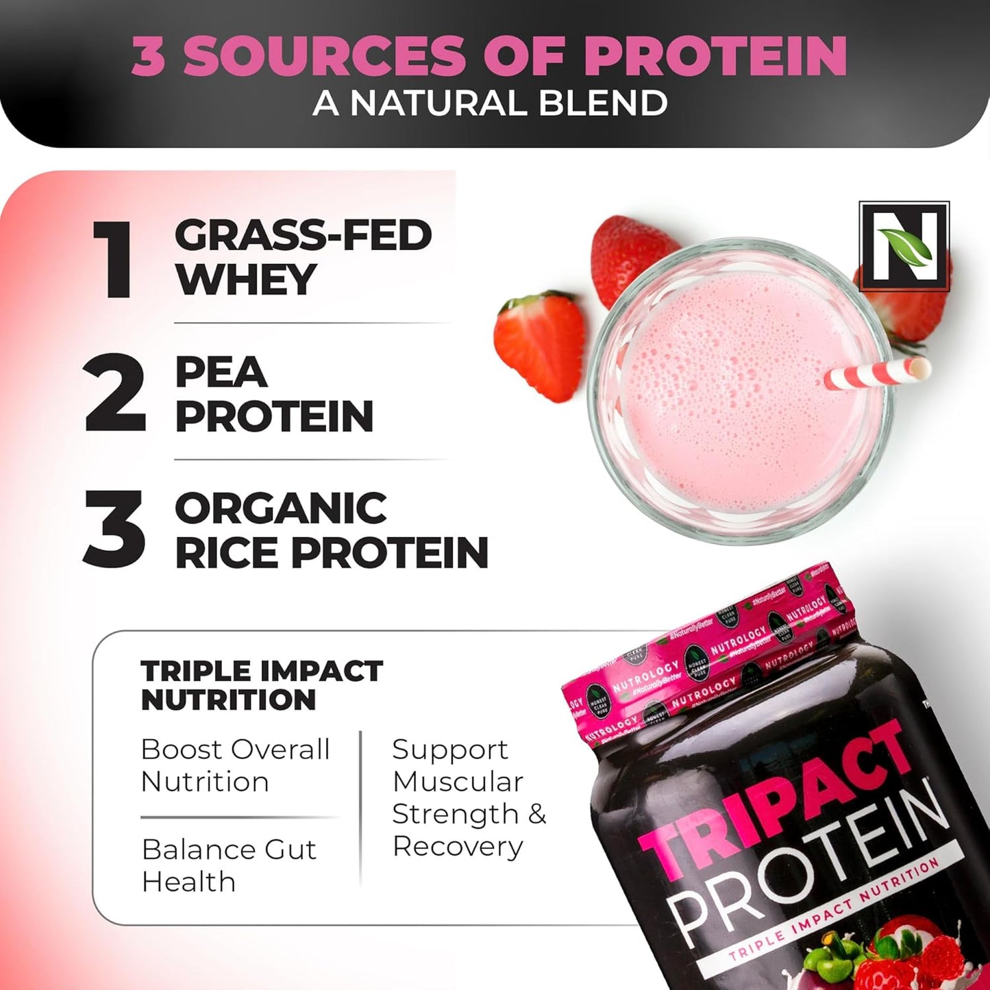 Nutrology TRIPACT Superberry Protein Powder: 7-in-1 Meal Replacement Shake with Grass Fed Whey, Greens, Probiotics & BCAAs (40 Servings) - BoostGo Australia