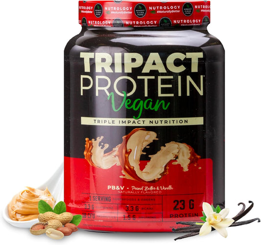 Nutrology TRIPACT Vegan Protein Powder - Organic Plant-Based Meal Replacement Shake with Pea, Rice, & Pumpkin Protein, BCAAs & Glutamine, Non-GMO - Peanut Butter & Vanilla Flavor - 20 Servings - BoostGo Australia