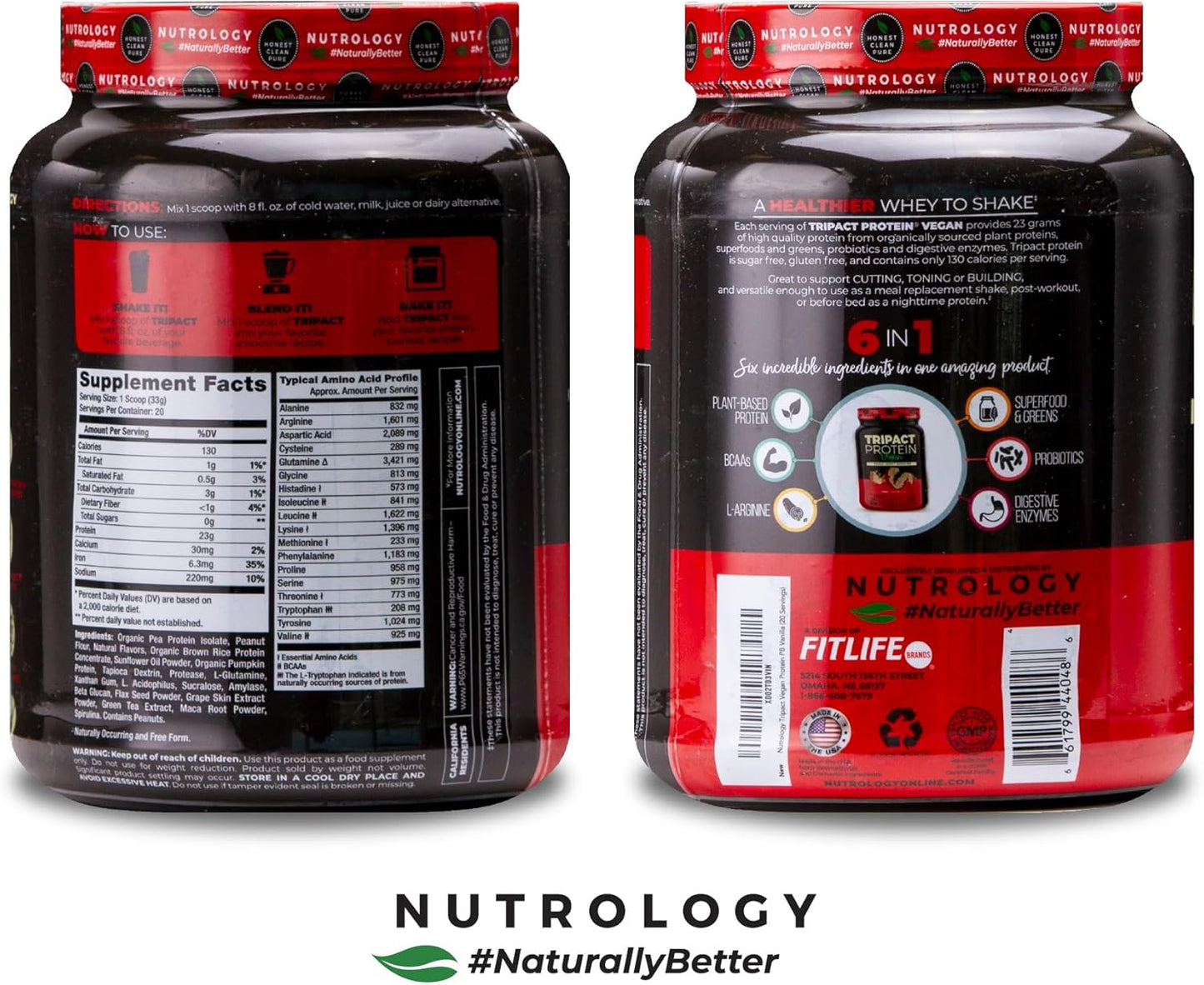 Nutrology TRIPACT Vegan Protein Powder - Organic Plant-Based Meal Replacement Shake with Pea, Rice, & Pumpkin Protein, BCAAs & Glutamine, Non-GMO - Peanut Butter & Vanilla Flavor - 20 Servings - BoostGo Australia