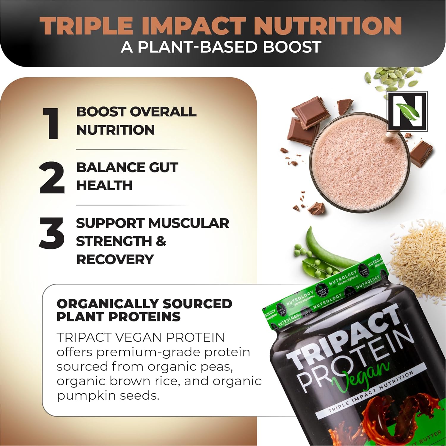 Nutrology TRIPACT Vegan Protein Powder, Chocolate Peanut Butter (20 Servings) + Plant Based BCAA Powder, Lemonade Flavor (30 Servings)