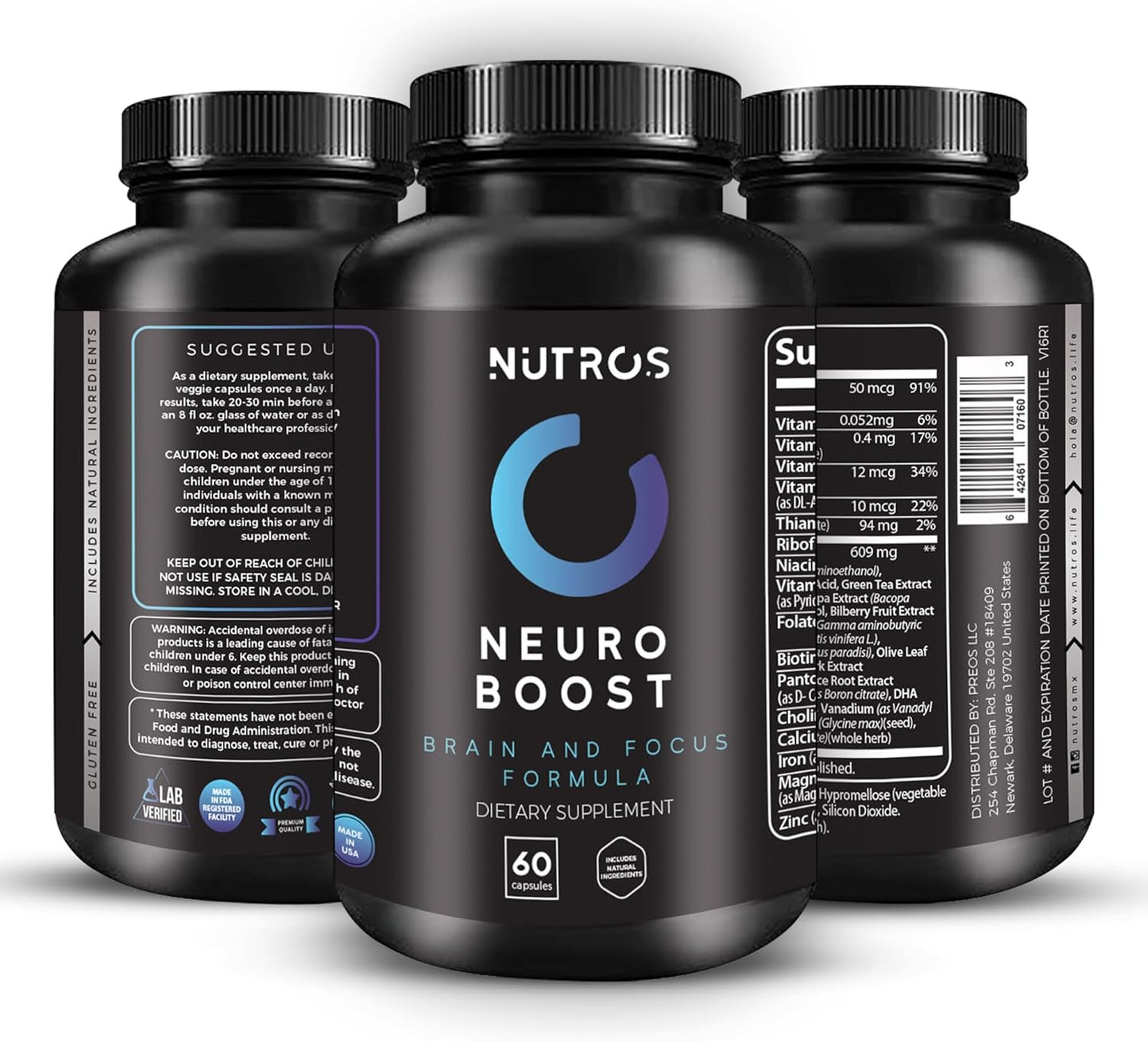 NUTROS Neuro Boost Nootropic Capsules for Memory, Mood, and Mental Clarity - 60 Count