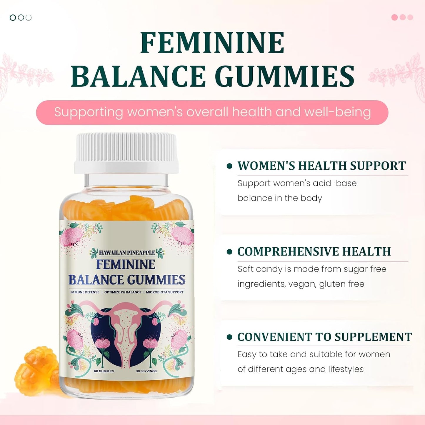 NUTSE Hawaiian Pineapple Feminine Balance Gummies, Support Women's Health - Vegan & Gluten-Free, Immune Support & pH Balance