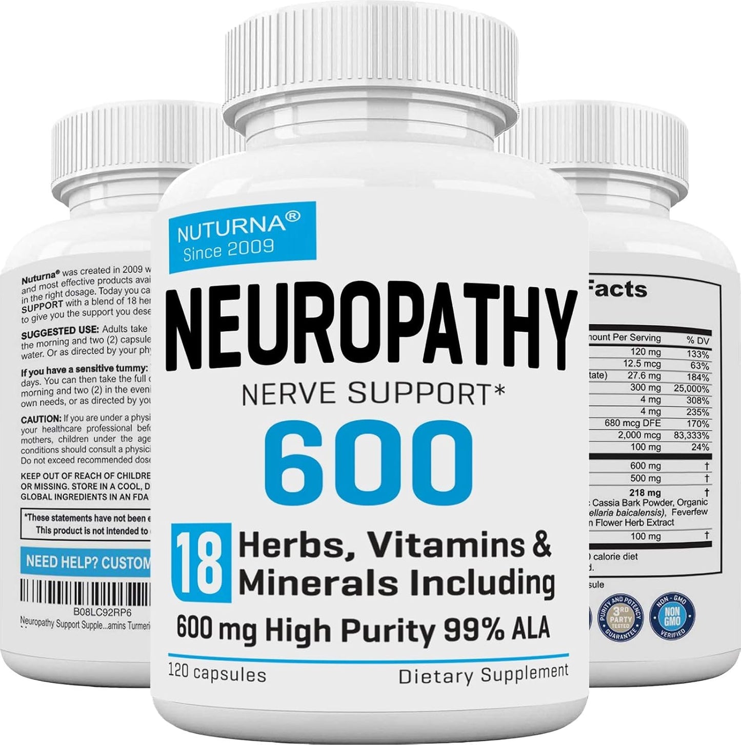 Nuturna Neuropathy Support Supplement with 600mg HP-99 Alpha Lipoic Acid - 18-in-1 Natural Nerve Formula for Hands, Feet, Legs - 120 Capsules