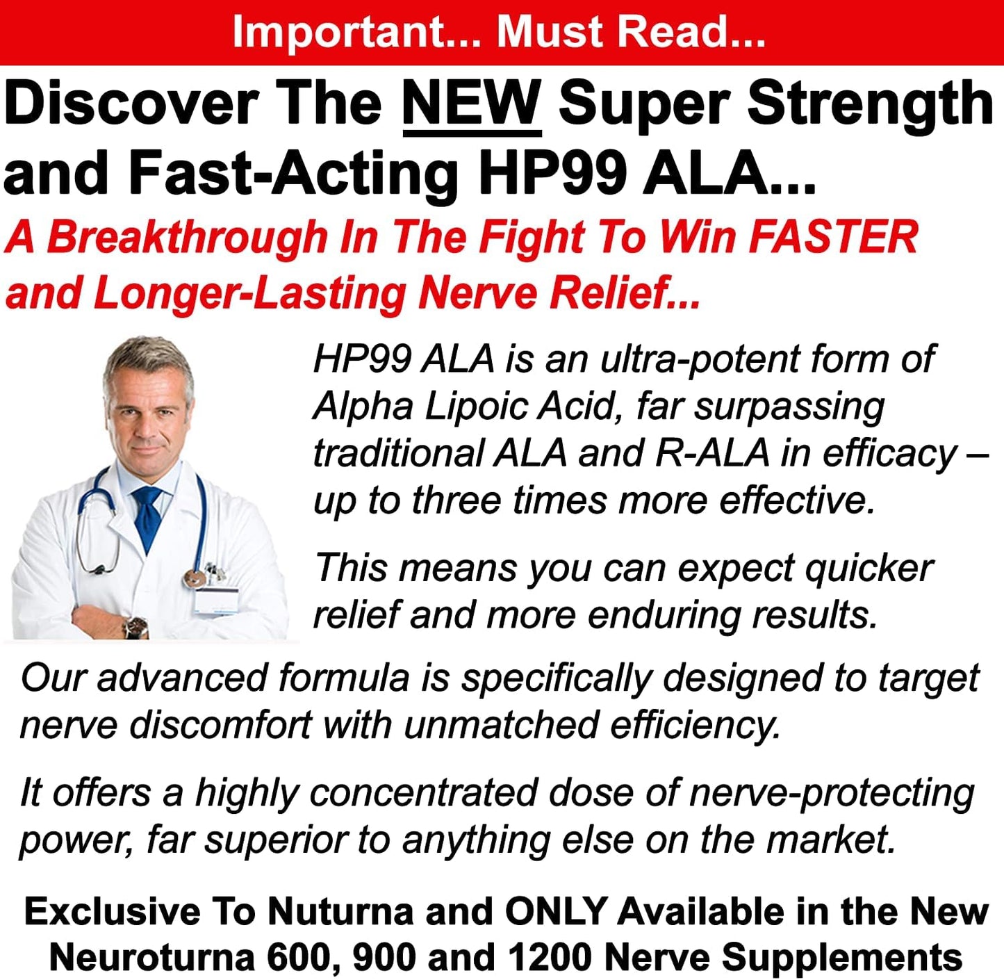 Nuturna Neuropathy Support Supplement with 600mg HP-99 Alpha Lipoic Acid - 18-in-1 Natural Nerve Formula for Hands, Feet, Legs - 120 Capsules