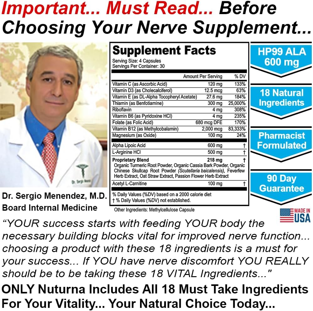 Nuturna Neuropathy Support Supplement with 600mg HP-99 Alpha Lipoic Acid - 18-in-1 Natural Nerve Formula for Hands, Feet, Legs - 120 Capsules