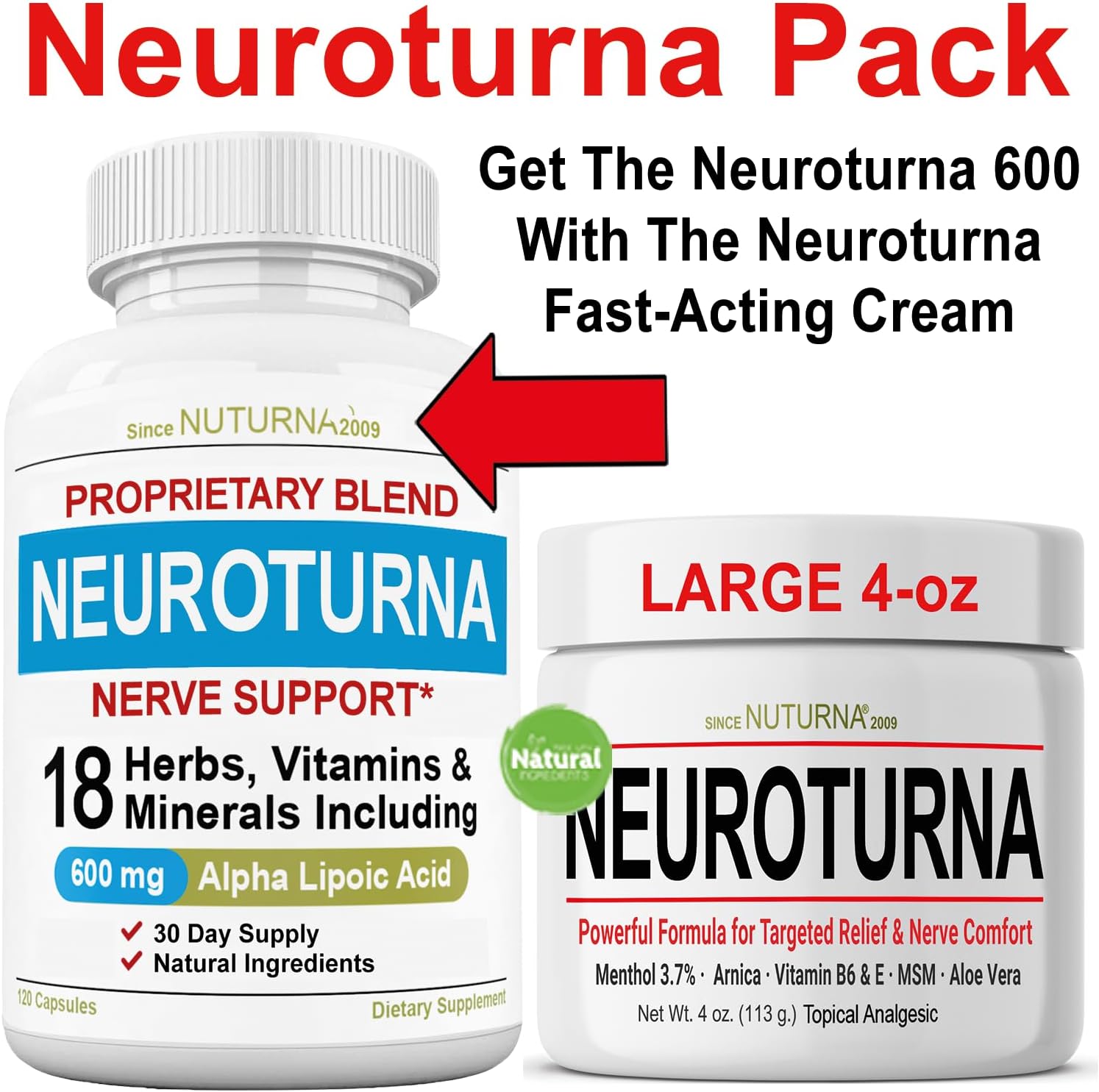 Nuturna Neuroturna Nerve Support Bundle: 600mg ALA Capsules + 4oz Nerve Cream for Neuropathy Relief