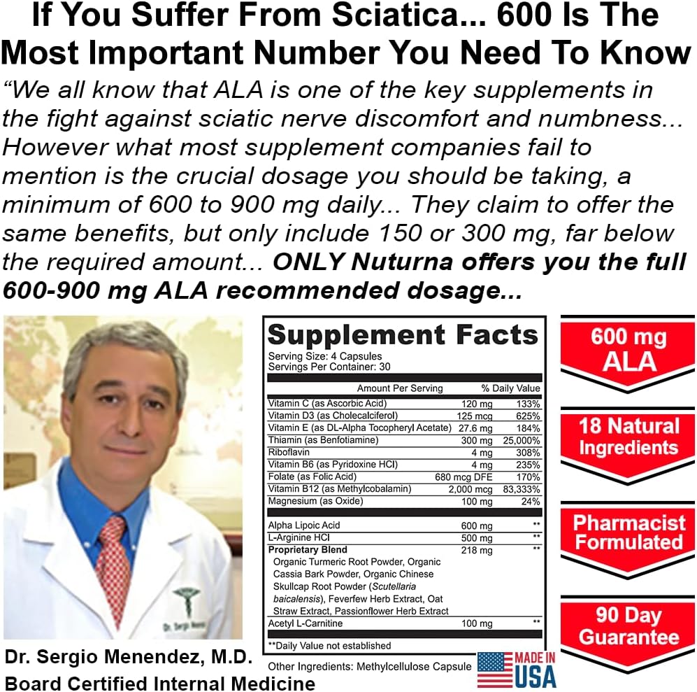 Nuturna Sciatic Nerve Relief Support Formula Supplement - 18-in-1 Sciatica Nerve Formula with 600mg Alpha Lipoic Acid & Turmeric Curcumin - 120 Pills, USA Made
