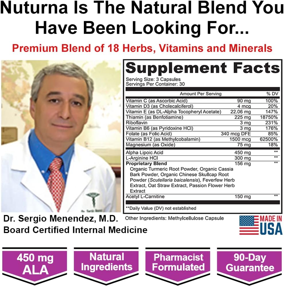 Nuturna Sciatic Nerve Relief Support Supplement with Alpha Lipoic Acid - 18-in-1 Formula for Back, Hip, Leg Pain - Natural Relief - 90 Capsules
