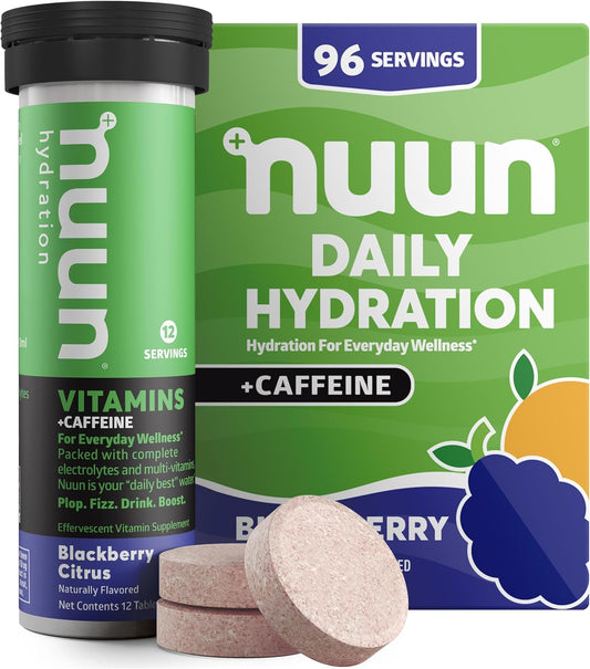 Nuun Hydration Electrolyte Tablets with Caffeine, Blackberry Citrus Flavor, 5 Essential Electrolytes + Vitamins A, B6, C, D, E, Magnesium, Vegan, Non-GMO - 8 Tubes (96 Servings)