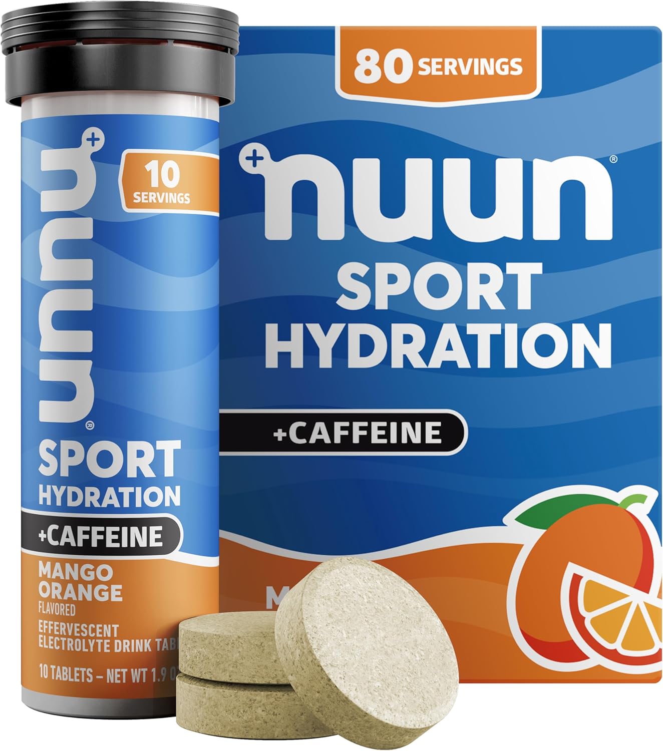 Nuun Sport + Caffeine Electrolyte Tablets - Mango Orange Flavor, Dissolvable in Water, 5 Essential Electrolytes, 1g Sugar Drink Mix, Vegan, Non-GMO - 8 Pack (80 Servings)
