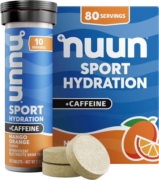 Nuun Sport + Caffeine Electrolyte Tablets - Mango Orange Flavor, Dissolvable in Water, 5 Essential Electrolytes, 1g Sugar Drink Mix, Vegan, Non-GMO - 8 Pack (80 Servings)